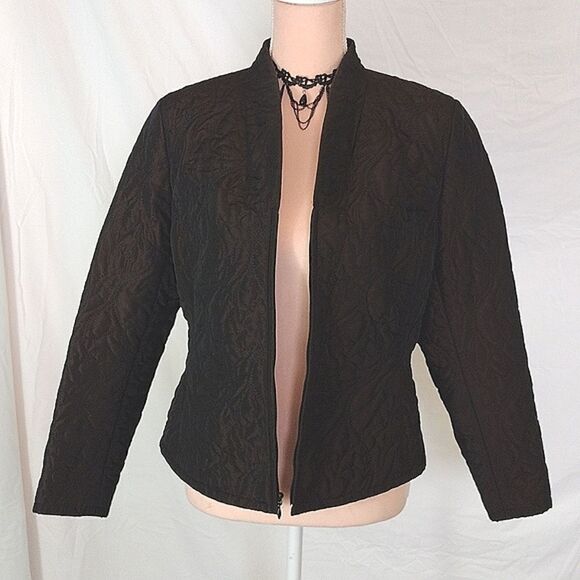 Dana Buchman Vntg Dark Brown Fitted Embroidered Puffer Zip Up Jacket 10P - Picture 6 of 17